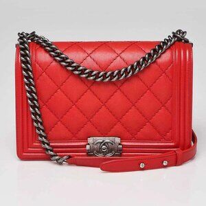Chanel Red Diamond Stitch Calfskin Leather New Medium Boy Bag